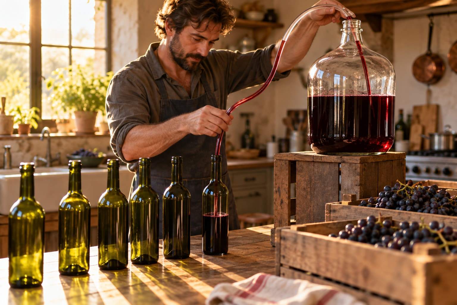 A home winemaker siphoning red wine from a glass carboy into green bottles, with crates of dark grapes on the table