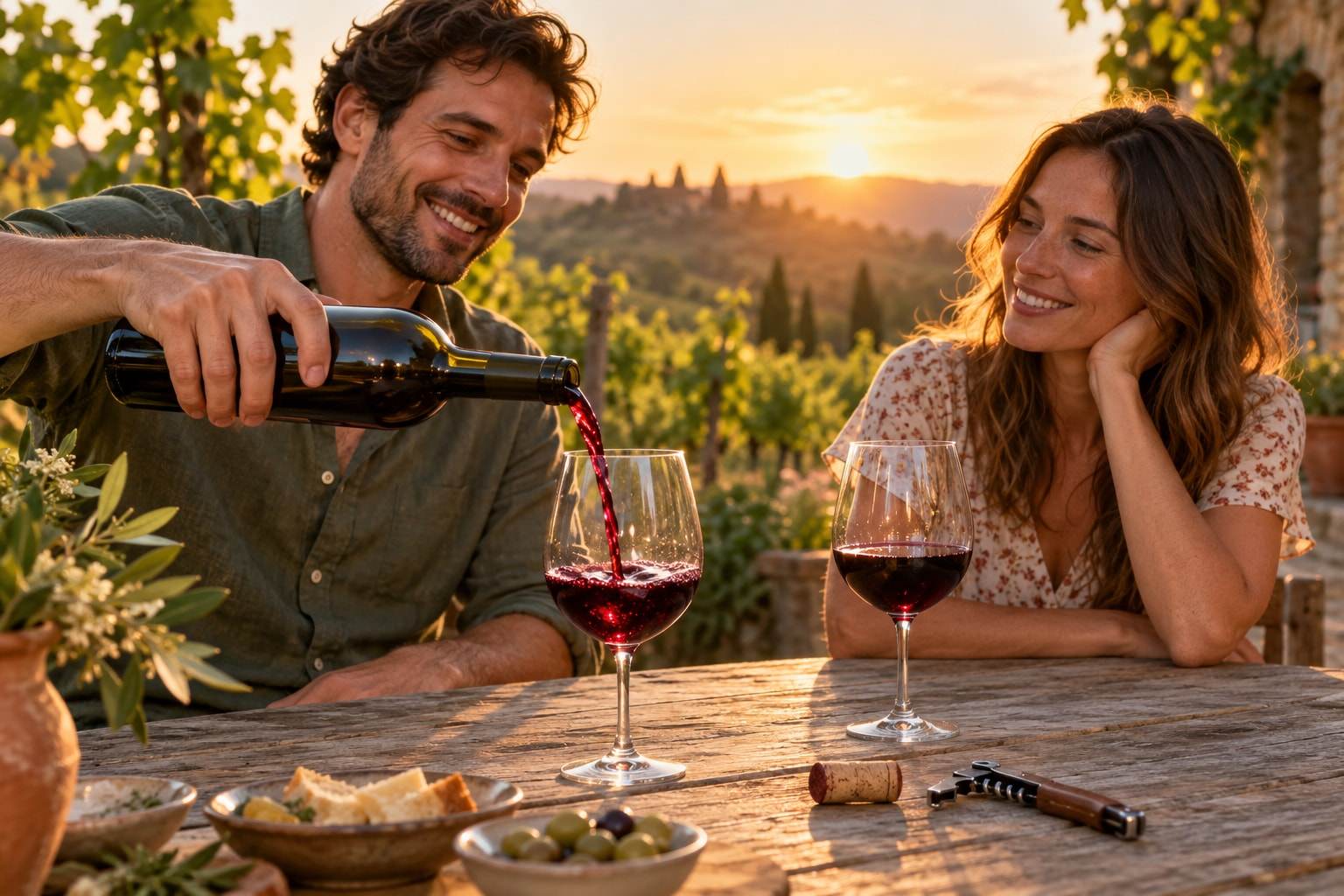 A couple sharing a bottle of red wine at an outdoor table at sunset, with vineyards behind them