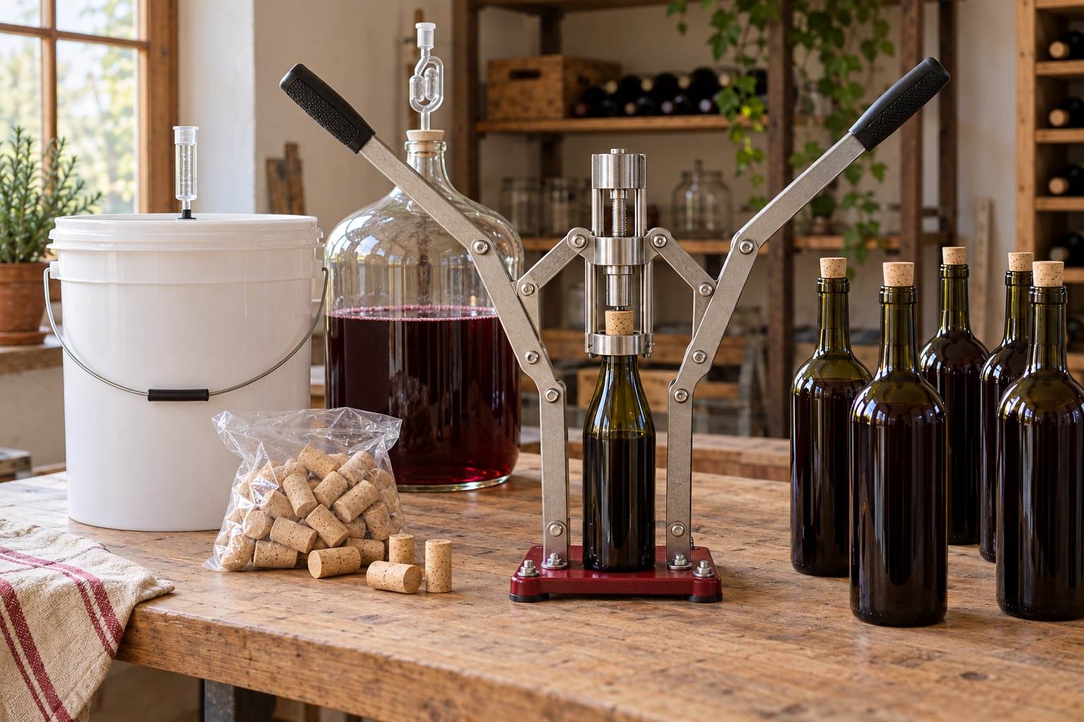 A fermenting bucket, a glass carboy, a double-lever corker, a bag of corks and a row of filled wine bottles on a workbench