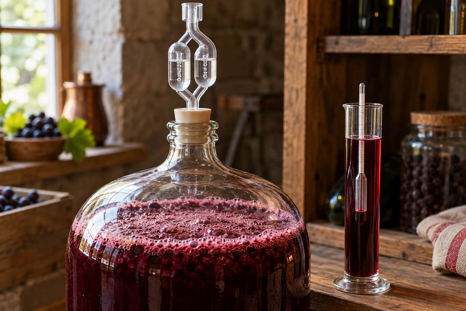 Red wine fermenting in a glass carboy fitted with an airlock, next to a hydrometer floating in a test jar of wine