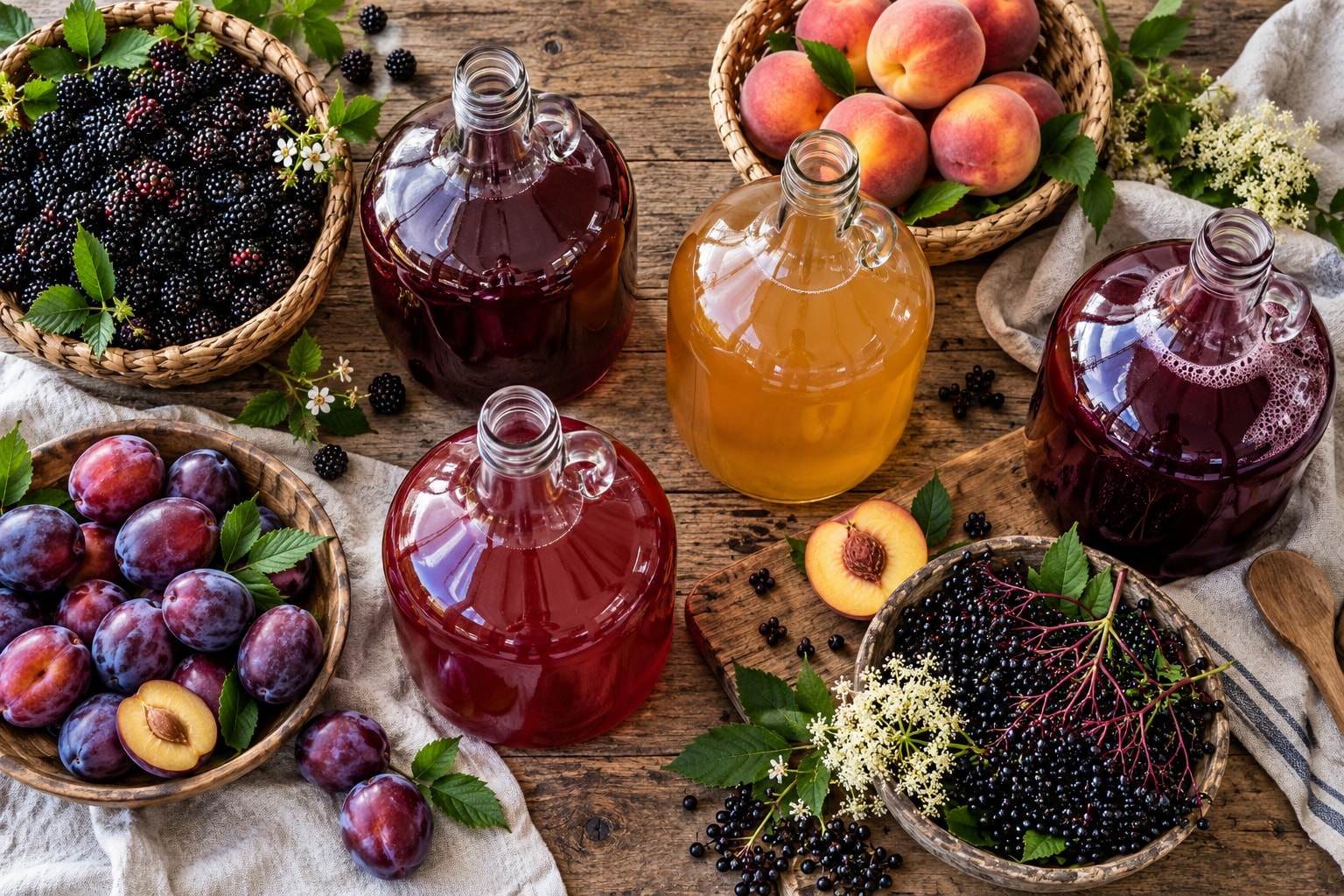 Gallon jugs of red, rosé and golden fruit wine among baskets of blackberries, plums, peaches and elderberries
